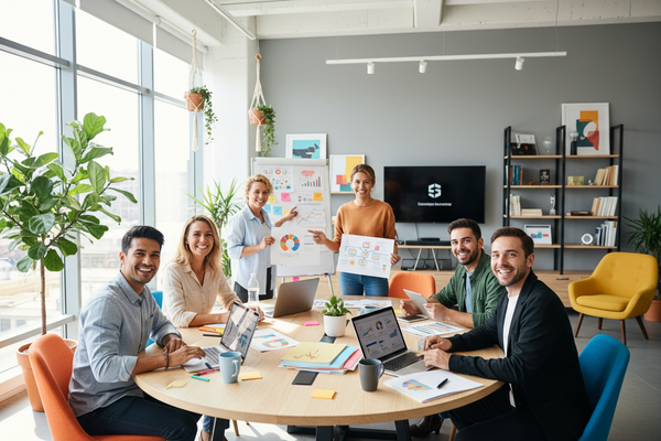 Imagen en equipo trabajo marketoing felices 